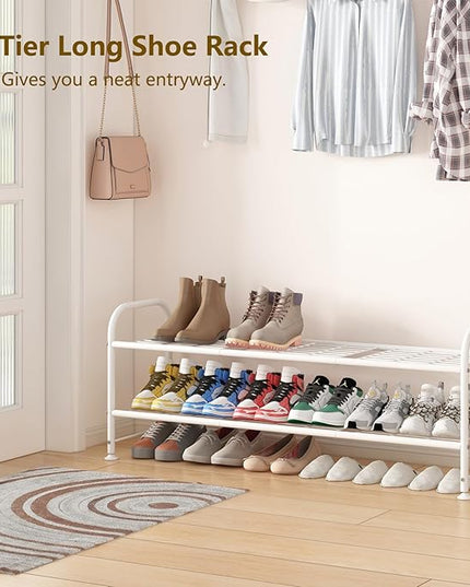 LINZINAR Shoe Rack Long 2 Tier Shoe Storage Organizer Metal Wide Shoe Shelf for Closet Entryway Bedroom 18 Paris Large Capacity, White