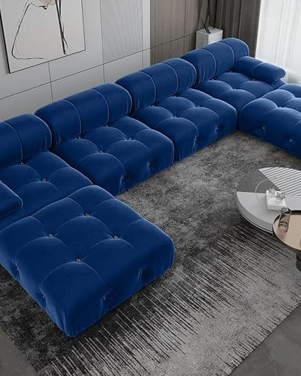 JACH 138" Modular Sectional Couches, U Shaped Minimalist Velvet Sofas, Convertible Sectional Sofa, Modern Comfy Couch with Chaise Ottomans for Living Room Apartment, (Blue)