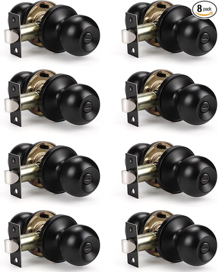 KNOBWELL 8 Pack Matte Black Privacy Door Knob for Bedroom Bathroom, Interior Door Knobs, Round Shape