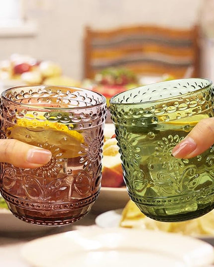 Glass Cups, Vintage Glassware Drinking Glass Set of 6, 12oz Colored Glassware with Sunflower Design, Embossed Floral Decorative Glasses Drinking Set for Cocktail, Wine, Vintage Drinking Glasses