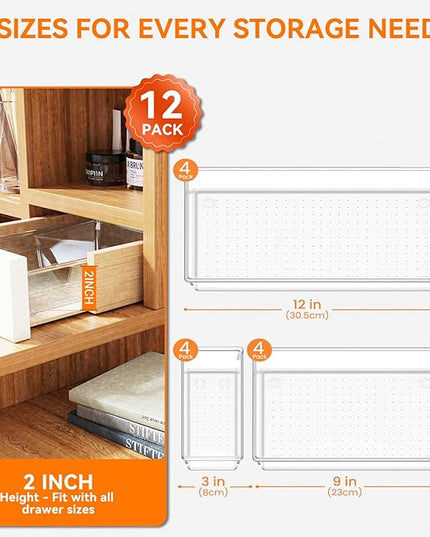 Criusia 12 Pack Large Clear Plastic Drawer Organizer Trays | MULTI-USE Acrylic Drawer Storage for Kitchen, Bathroom, Makeup, Office, School, Undies | College Dorm Room, Home Apartment Essentials