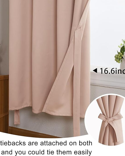 JIUZHEN Blackout Curtains with Tiebacks - Thermal Insulated, Light Blocking and Noise Reducing Grommet Curtain Drapes for Bedroom and Living Room, Set of 2 Panels, 34 x 24 Inch Length, Blush Pink