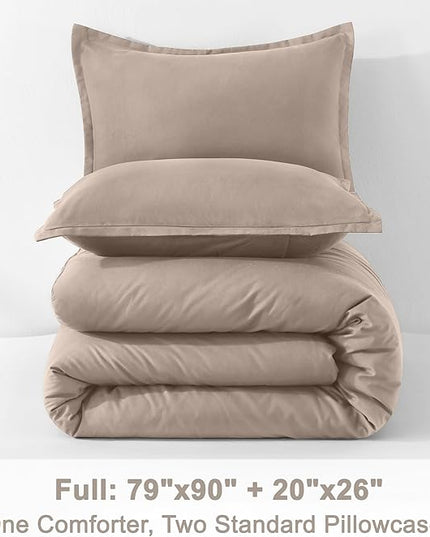 Litanika Light Coffee Comforter Full Size, 3 Pieces Lightweight Solid Bedding Set, All Season Fluffy Bed Set (79x90In Comforter & 2 Pillowcases)