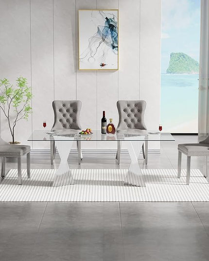 5 Piece Glass Dining Table Set,70" Dinner Room Glass Table Set for 4,Modern Kitchen Dinner Table Set with Stainless Steel Base and 4 Upholstered Velvet Dining Chairs for Living Dining Room