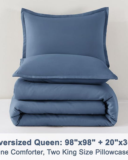 Litanika Haze Blue Comforters Oversized Queen Size, 3 Pieces Lightweight Solid Bedding Comforter Set, All Season Fluffy Bed Set (98x98In Comforter & 2 Pillowcases)