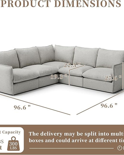 Waterproof Cloud Sectional Sofa for Living Room,High Backrest Down Filled Couch,5 Seater Oversized Modular V-Shaped Couches,Detachable Couch Covers,Light Grey