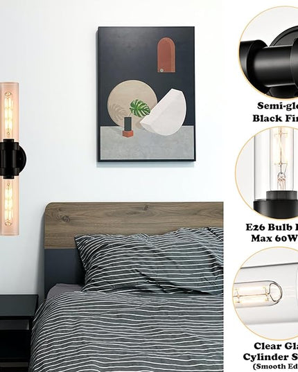 Farmhouse Black Wall Sconce 2-Light Cylinder Bathroom Vanity Lights with Clear Glass Shade 20-Inch Modern Matte Black Glass Sconces Wall Lighting for Bedroom Hallway Staircase