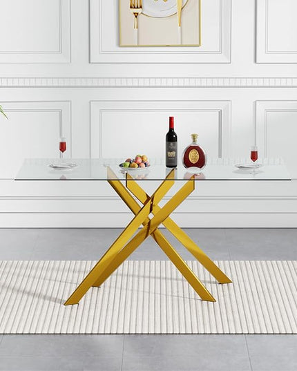 Modern 5-Piece Glass Dining Table Set for 4, Modern 60" Rectangle Gold Glass Dining Room Table Set with Beige Velvet Tufted Chairs Wood Legs for Kitchen Dining Room