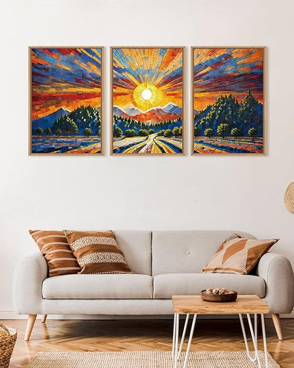HOURIA Large Natural Mountain Forest Framed Canvas Wall Art Set,Wilderness Sunrise Wall Decor,Boho Pine Tree Square Ridge Artwork,Modern Field Art Print for Living Room, Office, Farmhouse- 16"x24"x3