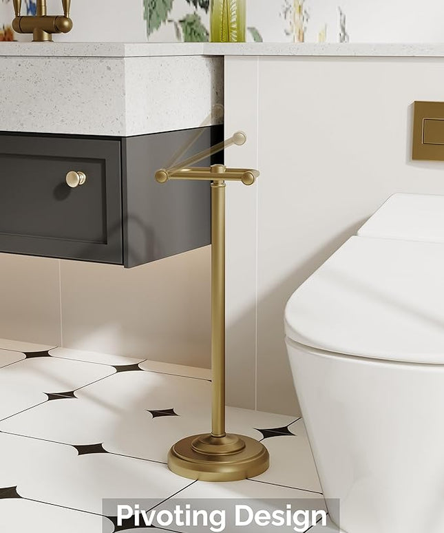 Toilet Paper Holder Stand, Brushed Brass Toilet Paper Holder Free Standing, Post Pivoting Design & Stable Weighted Base SUS304 Stainless Steel for Bathroom(Mega Roll)