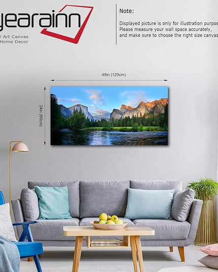 Canvas Wall Art Panorama of Yosemite Valley Painting Canvas Artwork Lake Mountain National Park Nature Pictures Framed Wall Art for Living Room Bedroom Office Wall Decor Home Decoration 24" x 48"