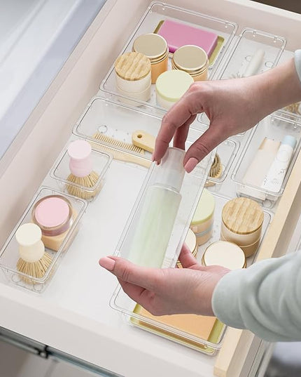15 PCS Clear Plastic Drawer Organizer Set, 4-Size Acrylic Drawer Storage Trays, Storage Bins for Makeup, Gadgets, and Jewelry in Bathroom, Bedroom and Office, Clear