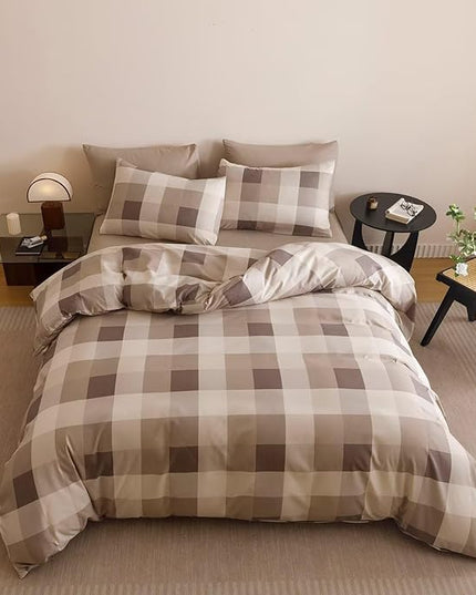 Luxlovery Checkered Beige Khaki Comforter Set Twin Gingham Plaid Comforter Teens Kids Bedding Set Fluffy Soft Grid Khaki and Red Blanket Quilts with 2 Pillowcases