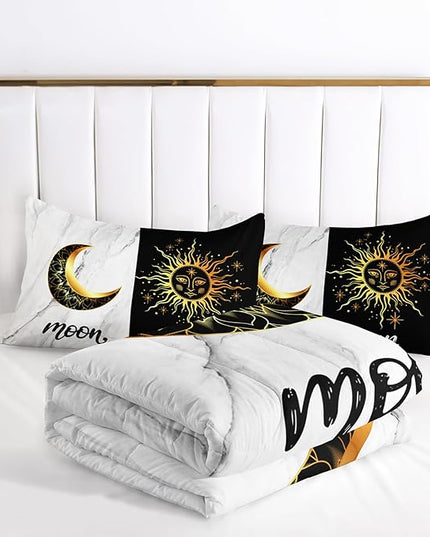 AILONEN Sun and Moon Queen Size Bedding Set,Black and White Marble Print Duvet Set Room Decor 3Pcs,Celestial Boho Comforter with 2 Pillowcases