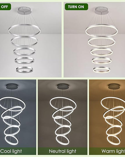 5-Rings Modern LED Chandelier Silver High Ceiling Chandelier with Remote Control Dimmable Pendant Lighting for Dining Room Foyer Living Room Entryway Staircase(3000K-6500K, D23.6’’)