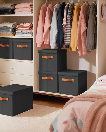 Storage Bins with Lids - Large Fabric Closet Bins with Lid, 8 Pack Clothes Organizers and Storage, Collapsible Stackable Cube Basket for Home, Office, Dorm, Black