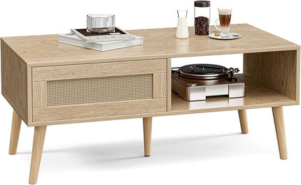 Wood Coffee Table with Storage, Boho Dining Table with Sliding Rattan Door Panel and Solid Wood Legs, Small Coffee Tables for Living Room, Oak (Oak_LSJ008)