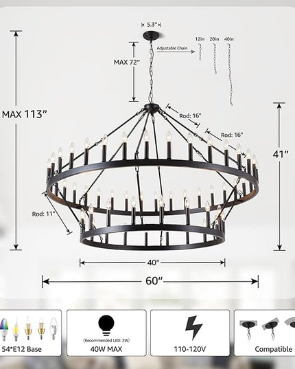 60-Inch Black Extra Large Wagon Wheel Chandelier, 2 Tier 54-Light Farmhouse Chandeliers Industrial Round High Ceiling Pendant Light for Dining Room, Living Room, Entryway, E12