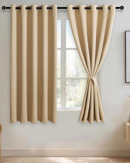JIUZHEN Beige Blackout Curtains with Tiebacks - Thermal Insulated, Light Blocking and Noise Reducing Grommet Curtains for Bedroom and Living Room, Set of 2 Window Curtain Panels, 60 x 63 Inch Length