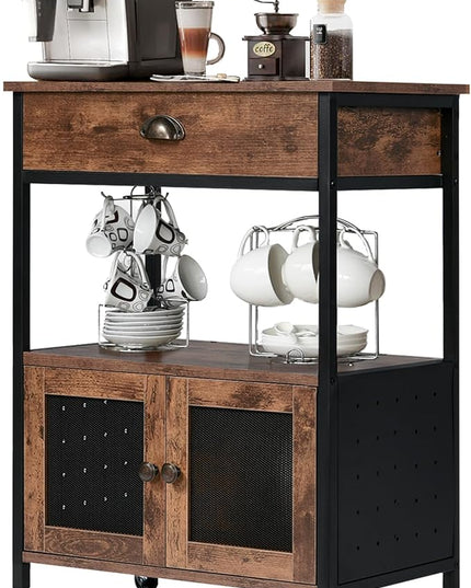 Catrimown Coffee Cart Station, Coffee Stand Station, Small Microwave Stand with Drawer, Movable Farmhouse Coffee Station Table on Wheels for Living Room, Entryway, Dining Room, Kitchen
