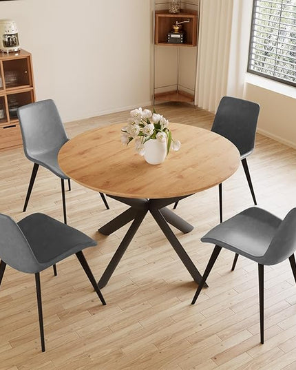 43.2"-59.1" Extendable Round Dining Table for 4-6 Person, Modern Wooden MDF Round Kitchen Table, Oak Coffee Table w/ 4 PU Leather Chairs