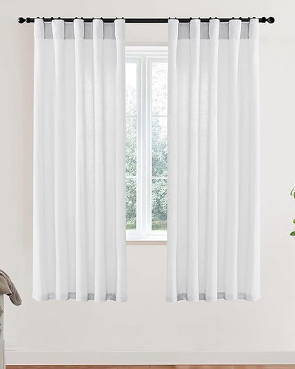 White Sheer Curtains 72 Inches Long for Living Room Bedroom,Linen Cotton Textured Back Tab Hooks Pleat Semi Privacy Light Filtering Sidelight French Door Curtain Drapes 72 In Length 2 Panels Set