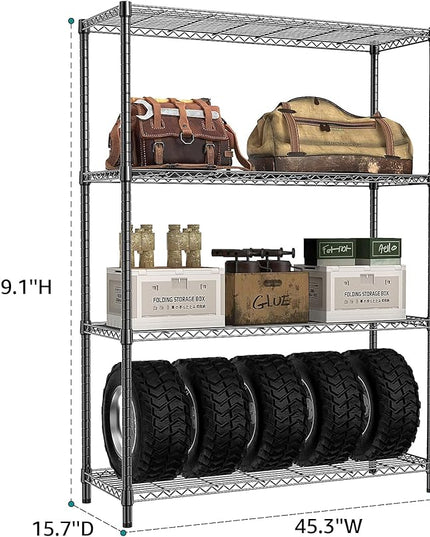 IZEUK 1400 LBS Garage Black Shelving Wide Storage Shelves 4 Tier Adjustable Heavy Duty Metal Wire Rack Standing Shelf Unit for Kitchen Office College Dorm Garage Warehouse 15.8" x 45.8"x 59.4"