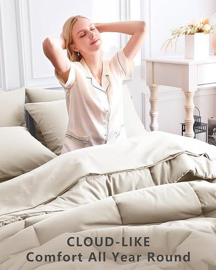 CozyLux Oversized Queen Comforter Sets Beige, 7 Pieces Bed in a Bag, Ultra-Soft All Season Bedding Sets with Stitch Quilted Comforter, Flat Sheet, Fitted Sheet, Pillowcases, Beige