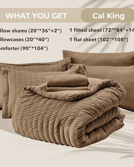 HYMOKEGE Brown California King Comforter Set Seersucker 7 Pieces, All Season Luxury Bed in a Bag for Bedroom, Bedding Set with Comforter, Sheets, Pillowcases & Shams