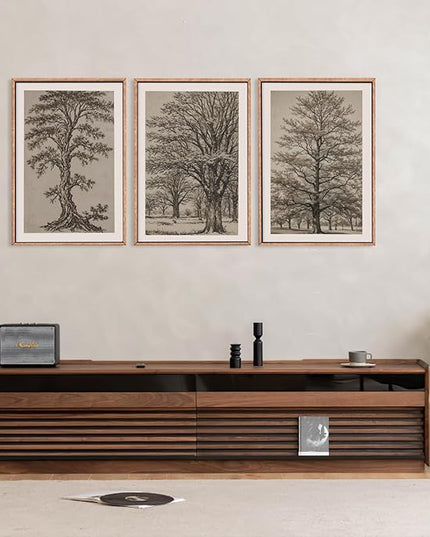 HOURIA Vintage Tree Sketch Framed Canvas Wall Art Set,Natural Brown and Gray Woodland Wall Decor,Mid Century Nature Forest Artwork,Textured Botanical Art Print for Living Room,Bedroom,Office-24"x36"x3