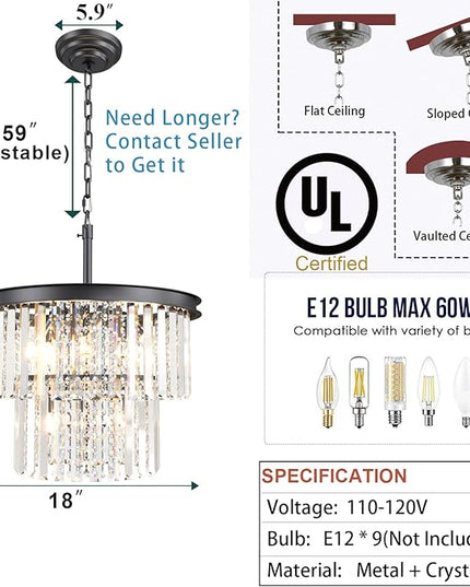 Crystal Chandelier, Black & Bronze Luxury 9-Light Ceiling Hanging Pendant Chandelier Lighting Fixture for Foyer, Dining Room, Bedroom, Hallway, Bar, Kitchen Island