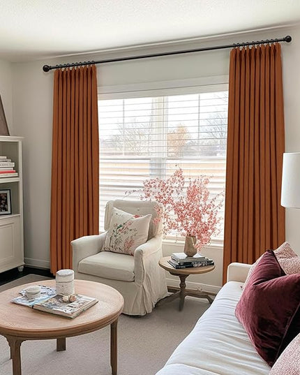 100% Blackout Shield Linen Look Textured Pinch Pleated Curtains Blackout Drapes 90 Inch Long 2 Panels Set, Faux Linen Blackout Curtains for Bedroom & Living Room, 40" W x 90" L, Burnt Orange