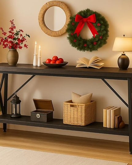 Homieasy 70.9 Inch Extra Long Console Table, Industrial Sofa Table Behind Couch with Charging Station & Storage Shelf, Entryway Table for Living Room & Entryway, Grey Oak
