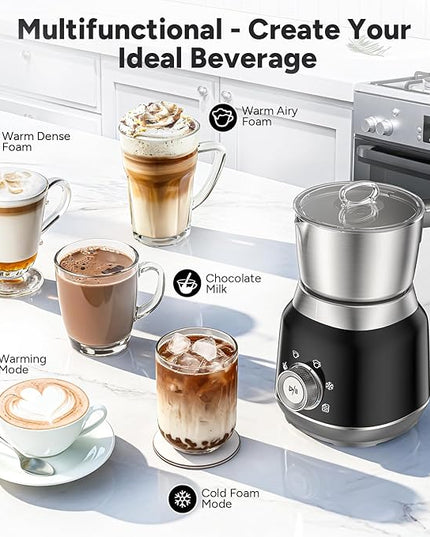 6-in-1 Electric Milk Frother and Steamer with Detachable Cups, Automatic Cold and Warm Foam Maker for Lattes/Cappuccinos/Hot Chocolate, Dishwasher Safe Black