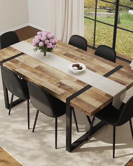 FURNITO Wood Dining Table Set for 6, 71" Large Rectangular Kitchen & Dining Room Table with 6 PU Leather Chairs, Modern Farmhouse Dining Set for Home, Living Room, Office, or Conference Room