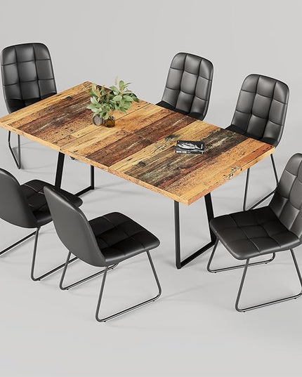 ZckyCine Extendable Dining Table Set 47"-63", Rustic Wood Table with 6 PU Leather Chairs, Modern Scandinavian Dining Room Furniture for Kitchen Apartment