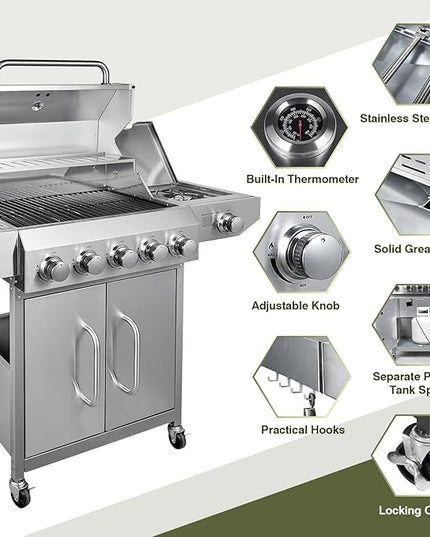 Bestfire 68,000 BTU 5 Burner Propane Gas Grill with Side Burner-Professional-Grade Stainless Steel Outdoor BBQ Grill-647 sq in Cooking Space&Porcelain Cast Iron Grrates-Patio Cart Design for Backyard