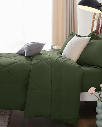 CozyLux Full Size Comforter Sets Olive Green - 7 Pieces Bed in a Bag Full, Luxury Soft Bed Set for All Seasons, Bedding Set with Down Alternative Comforter, Sheets, Pillowcases & Shams