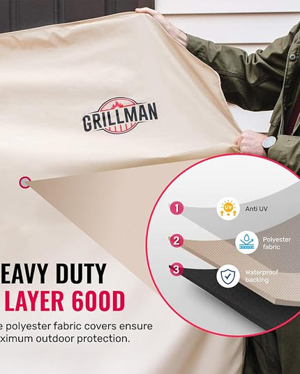 Grillman Grill Cover, BBQ Outdoor Grill Covers, Charcoal, Gas Grills, Waterproof, Rip-Proof, Weather-Resistant, Anti-UV, Barbecue Cover for Weber, Genesis, Charbroil, Nexgrill, etc (Tan, 58 Inch)