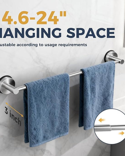 14.6inch~24inch Towel Racks for Bathroom,Adjustable Suction Cup Towel Bar for Bathroom Wall,Stainless Steel Bath Towel Holder for Shower,2 Pack(Brushed Silver)