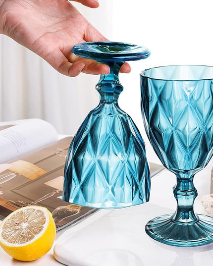 48 Pack Vintage Wine Glasses, Plastic Reusable 12 Ounce Colored Water Goblets, Unique Embossed Pattern Unbreakable Stemmed Wine Glasses High Clear Wedding Party Bar Drinking Cups Blue