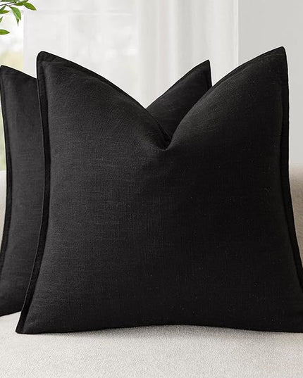 Foindtower Pack of 2, Decorative Linen Soild Throw Pillow Covers Soft Accent Cushion Case Boho Farmhouse Neutral Pillowcase for Chair Couch Sofa Bedroom Living Room Home Decor 18 x 18 Inch Black