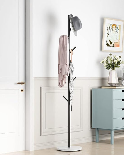 Black Metal Coat Rack, Freestanding with Hooks, Entryway Coat Rack Stand, Coat Racks with Marble Base, Coat Tree for Hanging Clothes, Hats, Bags