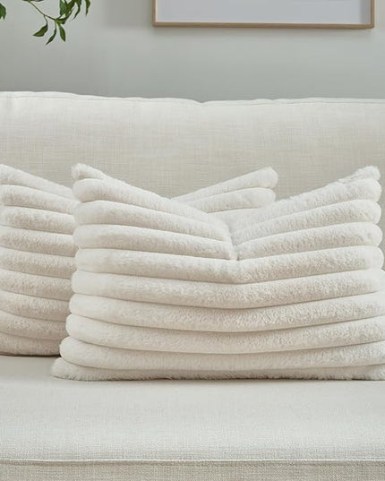 FUTEI Cream Throw Pillow Covers Set of 2, 12x20 Inch Striped Texture Lumbar Pillow Cases with Soft Faux Rabbit Fur Front & Velvet Back, Modern Decorative Couch Pillows for Living Room