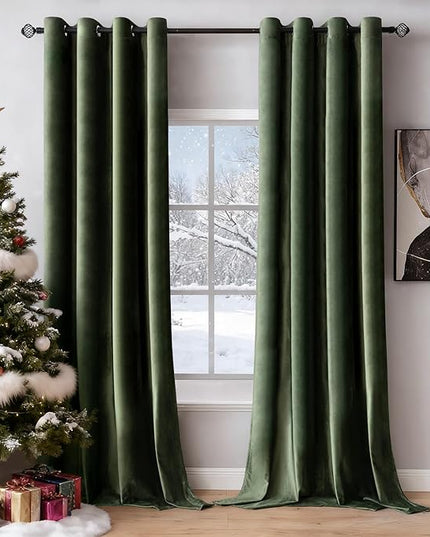 MIULEE Velvet Curtains Olive Green Elegant Grommet Curtains Thermal Insulated Soundproof Room Darkening Drapes for Classical Living Room Bedroom Decor 52 x 84 Inch Set of 2