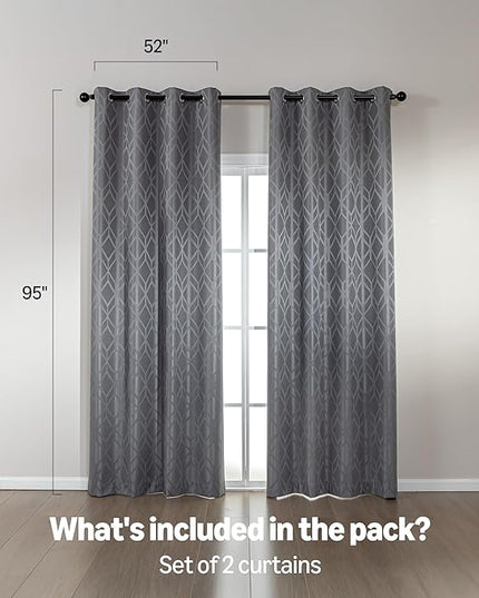 Amazon Basics Jacquard 2-Piece 100% Blackout Curtains, Living Room and Bedroom Drapes, Thermal Insulated Window Treatment, 52"x95", Grey