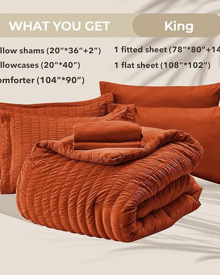 HYMOKEGE Burnt Orange King Size Comforter Set Seersucker 7 Pieces, All Season Luxury Bed in a Bag for Bedroom, Bedding Set with Comforters, Sheets, Pillowcases & Shams