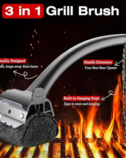 Grill Brush for Outdoor BBQ - Replaceable Bristle Free Heading and Reinforced Scraper - Safe BBQ Brushes for Porcelain/Gas/Charcoal/Smoker/Cast Iron Grill - Cleaning Brush(Black)