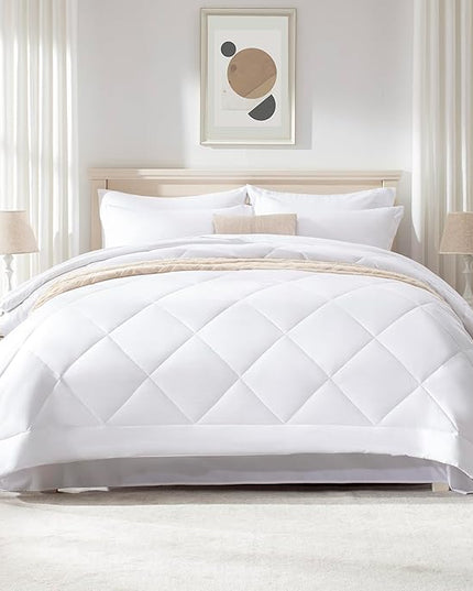 Love's cabin Full Comforter Set White, 7 Pieces Full Bed in a Bag, All Season Bedding Sets with 1 Comforter, 1 Flat Sheet, 1 Fitted Sheet, 2 Pillowcase and 2 Pillow Sham