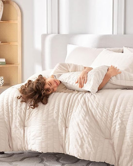 MUXHOMO 7 Pieces Queen Comforter Set, Seersucker Bed in a Bag Queen Size, All Season Luxury Bedding Set with Comforter, Flat Sheet, Fitted Sheet, Pillowcases & Shams, Beige